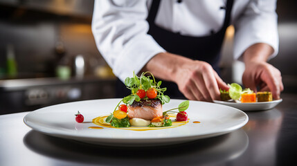 Obraz na płótnie Canvas Chef garnishing exquisite plate of food.