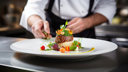 Obraz na płótnie Canvas Chef garnishing exquisite plate of food.