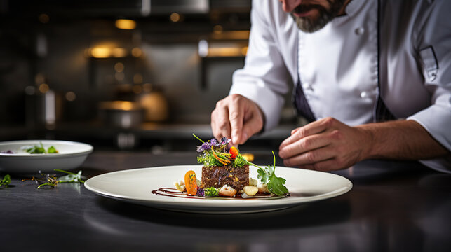 Chef garnishing exquisite plate of food.