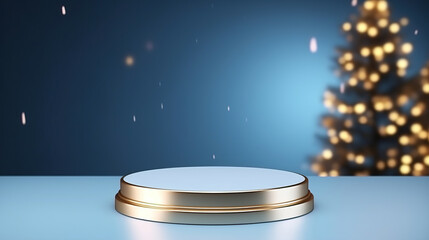 Christmas composition with empty round cylinder platform podium for product or cosmetics presentation on blue background with bokeh. Minimal composition background. Front view.