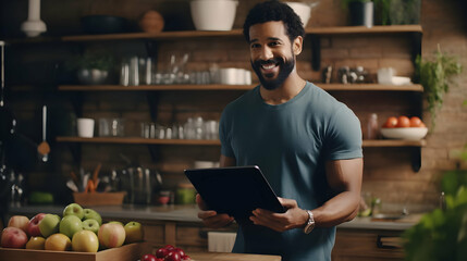 Male expert in dieting posing on camera with digital tablet and demonstrating scale of obesity among people with improper nutrition,Generated Ai - obrazy, fototapety, plakaty