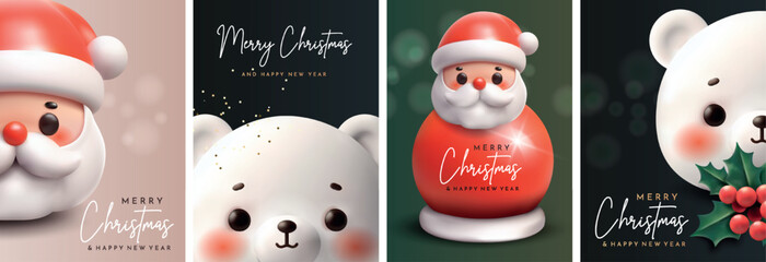 Cute New Year greeting cards. Polar bear, Santa Claus and holly. Set of Christmas cards with 3D elements. - obrazy, fototapety, plakaty
