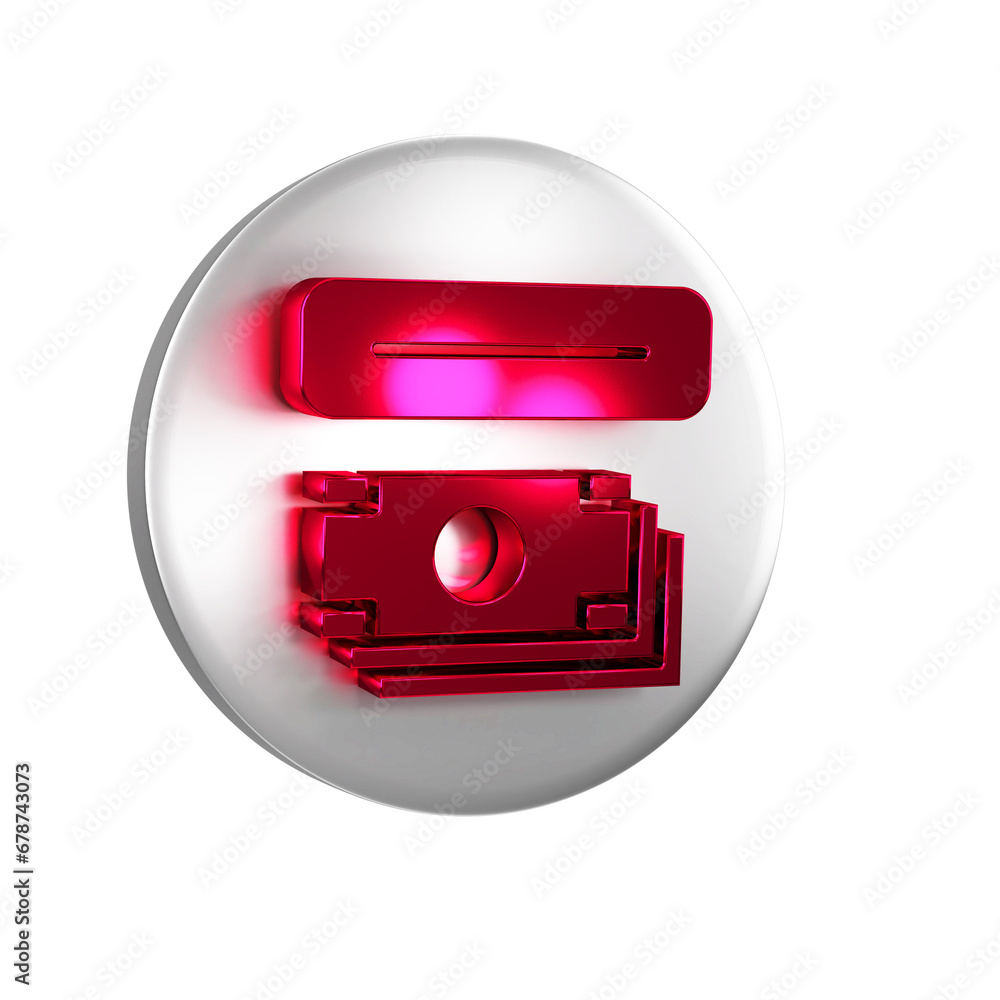 Poster red atm - automated teller machine and money icon isolated on transparent background. silver circle 