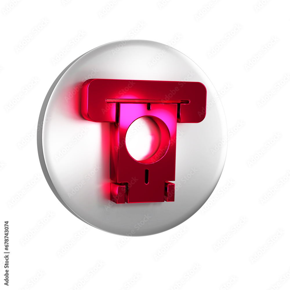Poster red atm - automated teller machine and money icon isolated on transparent background. silver circle 