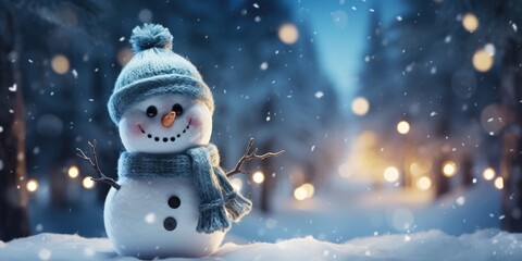 Close-up of a cute funny laughing snowman in a woolen blue hat and scarf, on a winter landscape.