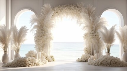 Backdrop of white boho minimalist room with arch and flowing white curtains, white wedding flowers, oversize white pampas grass, oversize white ginko flowers, white floring, volumetric ligh