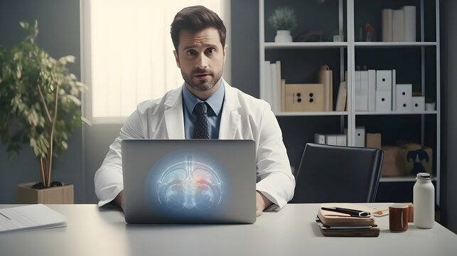Portrait of male nutritionist wearing white uniform and stethoscope sitting at desktop ,Generated Ai