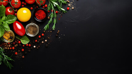 Food background. Top view of olive oil, cherry tomato, herbs and spices on rustic black slate. Colorful food ingredients border. empty space for banner.