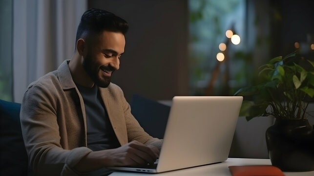 Selective focus of empty black credit card held by cheerful indian man taking seat in cozy workplace at home,Generated Ai