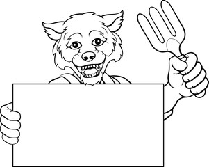 A gardener, farmer or handyman wolf cartoon mascot man holding a gardening tool