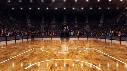 3D rendering illustration. Empty basketball field, court, arena, stadium with crowdy of people stages. Fans on tribunes waiting favorite team before game. - obrazy, fototapety, plakaty