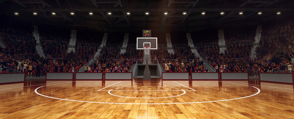 View of sport field, basketball playground, court with indoor spotlights for game, competition. Stages full of fans. 3D rendering illustration. - obrazy, fototapety, plakaty