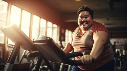Obesity asian man in the gym working on losing weight.  - obrazy, fototapety, plakaty