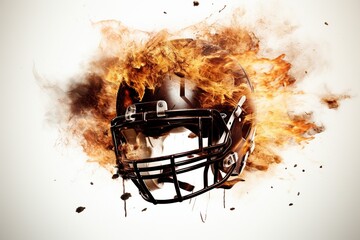 Flames of Victory: A Cinematic Display featuring an Exploding American Football Helmet, Flames Engulfing in Cinematic Light, Capturing the Dynamic Energy and Pride of Athletic Triumph