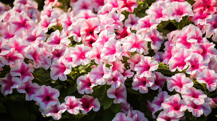 Nature background with close up of white and pink petunia surfinia flowers.