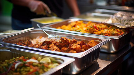 Oriental food - Indian takeaway at a London's market.