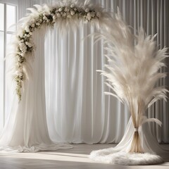 Backdrop of white boho minimalist room with arch and flowing white curtains, white wedding flowers, oversize white pampas grass, oversize white ginko flowers, white floring, volumetric ligh
