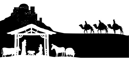 Obraz premium A Christmas nativity scene with baby Jesus in the manger, wise men and city of Bethlehem in the background