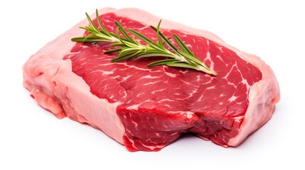 Raw steak of meat, slice of fresh raw beef isolated on white background with clipping path. Full Depth of field. Focus stacking.