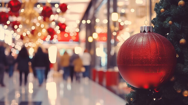Shopping mall decorated for Christmas time. Crowd of people looking for presents and preparing for the holidays. Abstract blurred defocused image background. Christmas holiday, Xmas shopping, sale.