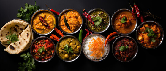 Top view of Assorted indian food on black background. - obrazy, fototapety, plakaty