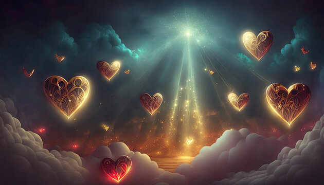 Flying among sunlight, sparkling hearts, fantastic clouds and background for St. Valentin's day, illustration visual