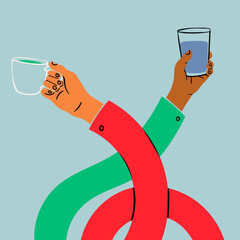 Stretched, flexible long human hands holding coffee cup and glass of water. Boneless elastic arms. Cartoon style. Hand drawn abstract trendy Vector illustration. Poster, card, print, design template - obrazy, fototapety, plakaty