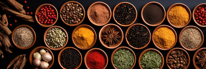 Top view of Different seasonings in cups. Spice background on the table.