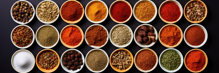 Top view of Different seasonings in cups. Spice background on the table.