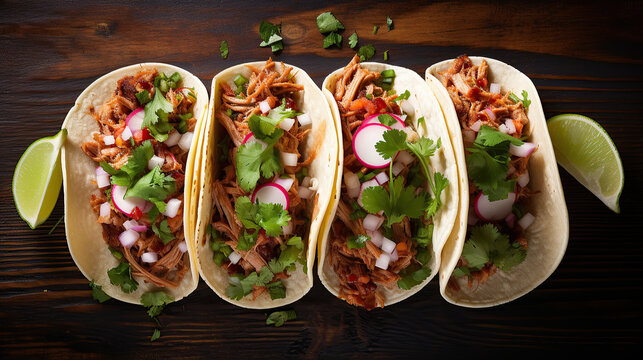 Top view of three mexican pork carnitas tacos flat lay composition.