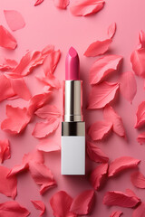 Obraz na płótnie Canvas Flat lay lipstick on a pink background with petals. Creative pink concept in pop art style for social media