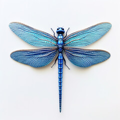Detailed Close-Up of a Vibrant Blue Dragonfly on a White Background