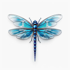 Detailed Close-Up of a Vibrant Blue Dragonfly on a White Background