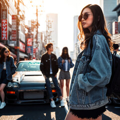 photo of woman with her friends posing beside modified tuned car, generative AI