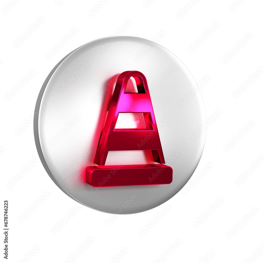 Poster red traffic cone icon isolated on transparent background. silver circle button.