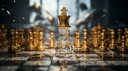 glass chess monarch on the table - obrazy, fototapety, plakaty