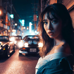 photo of woman standing posing beside modified tuned car, generative AI