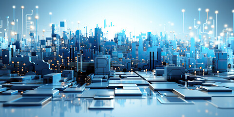 Futuristic Cityscape Illuminated with Blue and Gold Lights