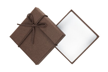 Top view of empty brown gift box that is open isolated on white background with clipping path.