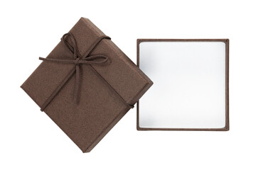 Top view of empty brown gift box that is open isolated on white background with clipping path.
