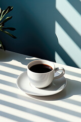 Cup of black coffee or tea on a black gray striped table with shadows from sunlight