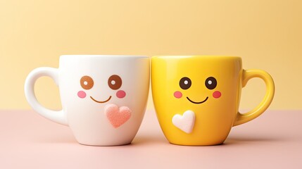  two yellow and white coffee mugs with faces painted on the sides of the mugs, one has a heart and the other has a smiley face drawn on the side of the mug.