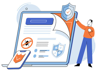 Malware spyware virus. Vector illustration. Security measures protect against cyber attacks and malicious software An attack by trojccompromise security system Effective protection software