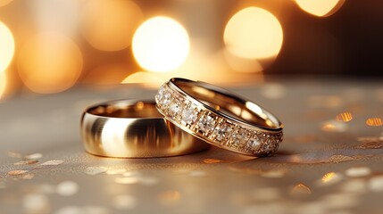  a couple of wedding rings sitting on top of a table next to a sparkley tablecloth covered with confetti and lights in the background of a boke of boke.