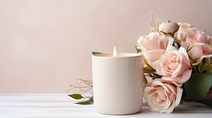  a white candle sitting next to a bouquet of pink roses on a white table next to a white vase with a white candle in it and a pink wall in the background. - Powered by Adobe