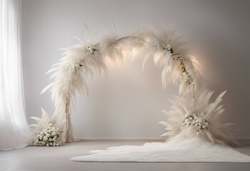 Backdrop of white boho minimalist room with arch and flowing white curtains, white wedding flowers, oversize white pampas grass, oversize white ginko flowers, white floring, volumetric ligh
