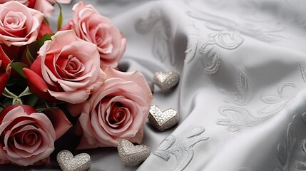  a bouquet of pink roses sitting on top of a bed of white satin with a heart shaped diamond brooch on the end of each of each of the bouquet.