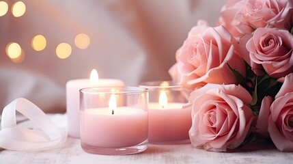  a couple of pink roses sitting next to each other next to a couple of candles with a ribbon on the side of the candles in the middle of the candles.