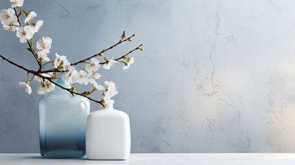  a couple of vases sitting on top of a table next to a white and blue vase with a branch of a blossoming tree in front of the vase.