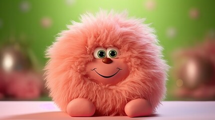  a close up of a stuffed animal with a smile on it's face and a smile on its face, on a table with a green wall in the background. - obrazy, fototapety, plakaty